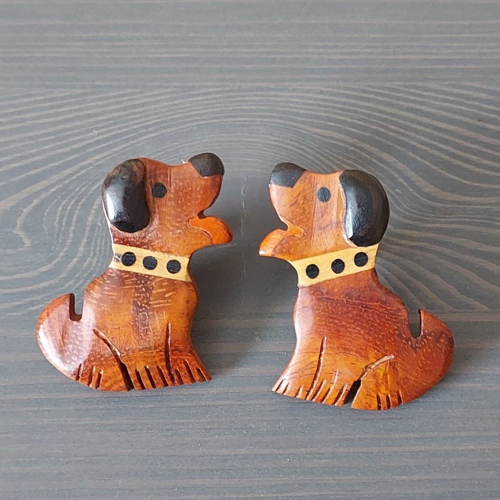Handcrafted Wood Carved Seated Dog Puppy Drop Dangle Earring Brown Black Stained